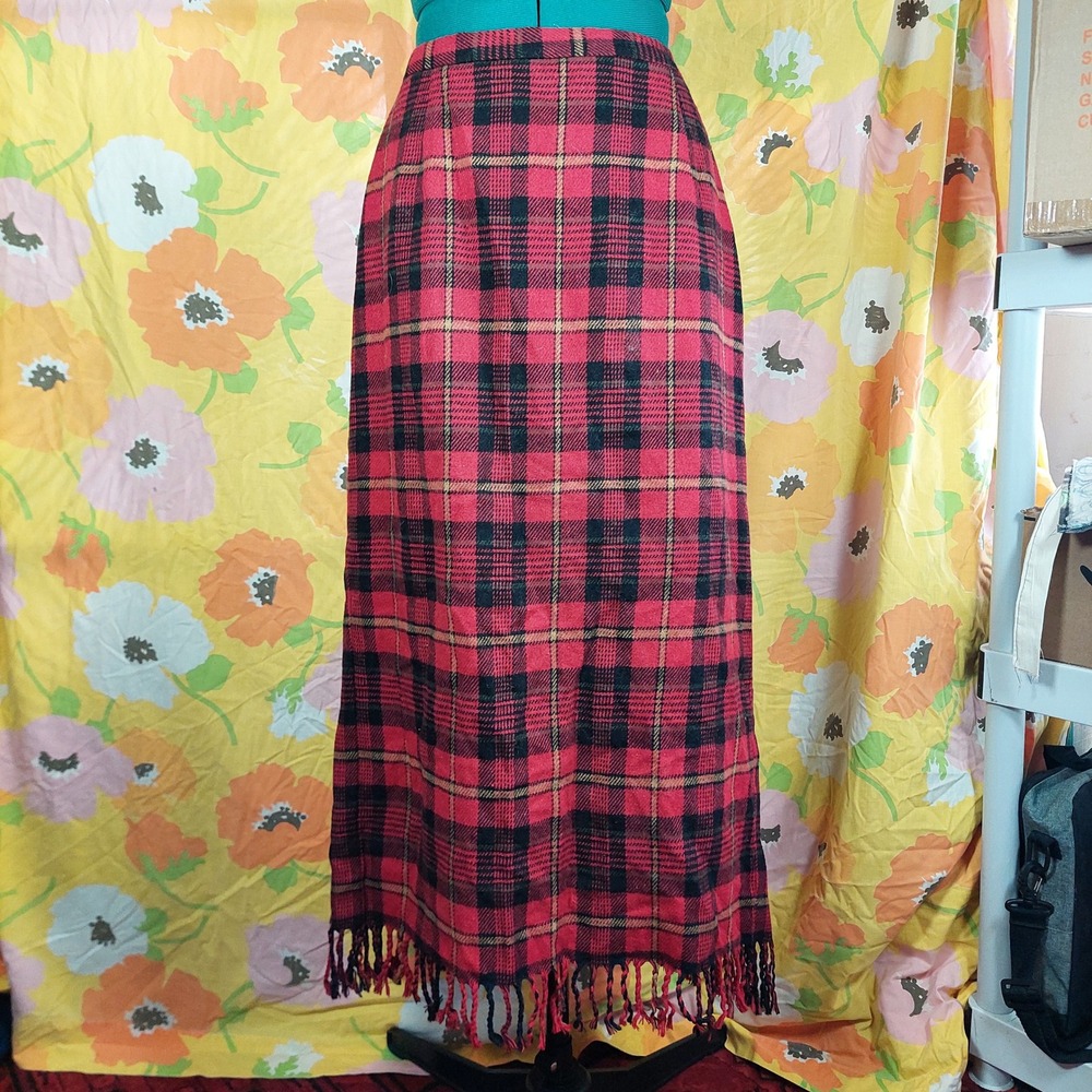 Vintage Jaclyn Smith Studio Red Plaid Wool Blend Fringe Hem Midi Skirt Size 14